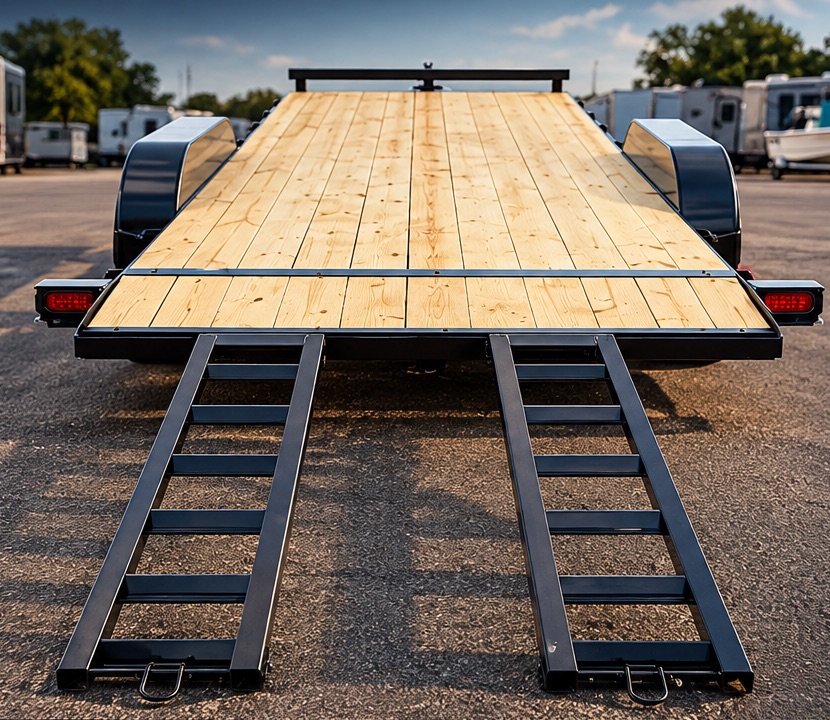 Deckhaul 7x20 car hauler trailer with wood deck and rear ramps